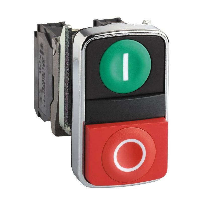 Schneider Electric Double-headed push button, metal, Ø22, 1 green flush marked I + 1 red projecting marked O, 1 NO + 1 NC, manufacturer catalog image