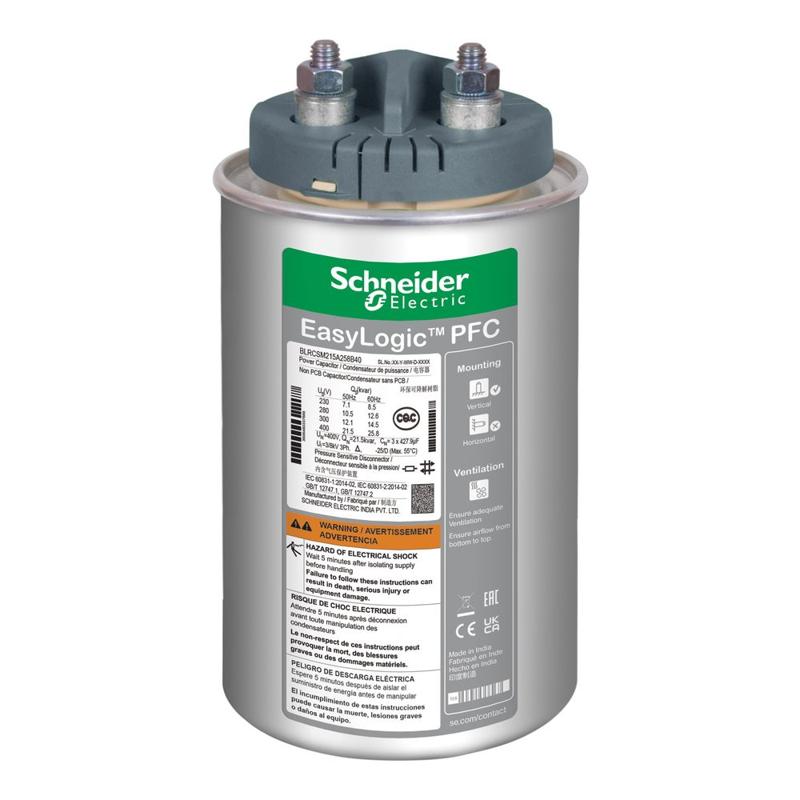 Schneider Electric standard duty, 1 phase PowerLogic PFC Capacitor, 30.2kvar/36.24 kvar - 400 V - 50/60Hz, manufacturer catalog image