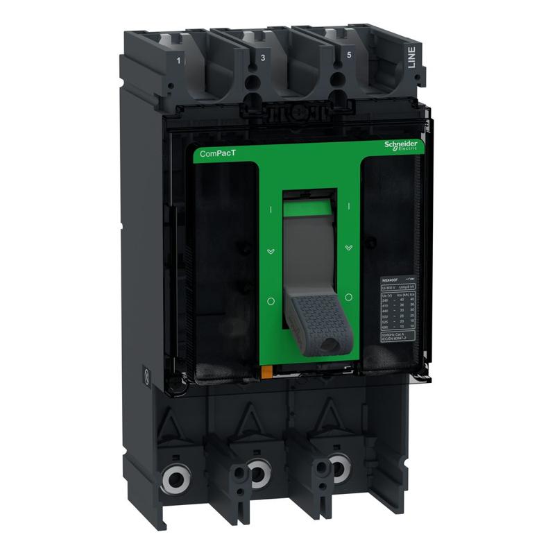 Schneider Electric Circuit breaker basic frame, ComPacT NSX400F, 36kA at 415VAC 50/60 Hz, 400A, without trip unit, 3 poles, manufacturer catalog image
