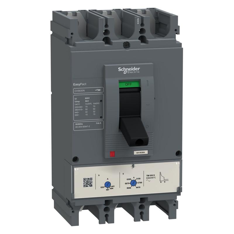Schneider Electric circuit breaker EasyPact CVS630N, 50 kA at 415 VAC, 500 A rating thermal magnetic TM-D trip unit, 3P 3d, manufacturer catalog image