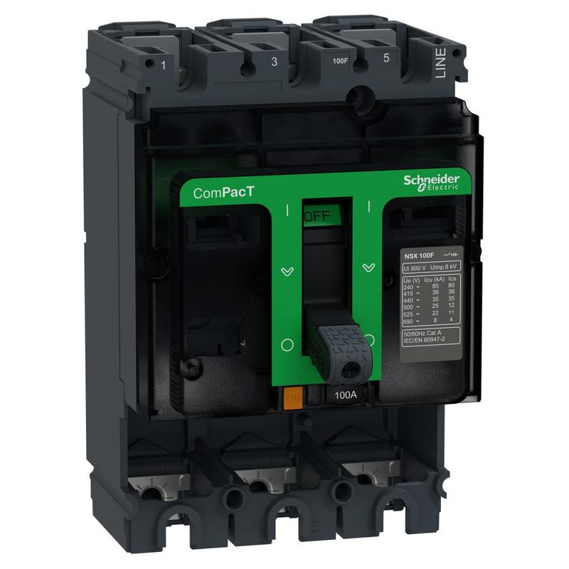 Schneider Electric Circuit breaker basic frame, ComPacT NSX100F, 36kA at 415VAC 50/60 Hz, 100A, without trip unit, 3 poles, manufacturer catalog image