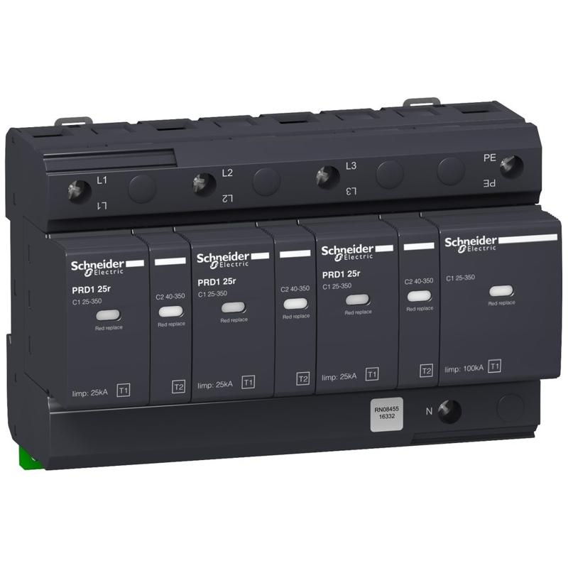 Schneider Electric PRD1 25r modular surge arrester - 3 poles + N - 350V - with remote transfer, manufacturer catalog image
