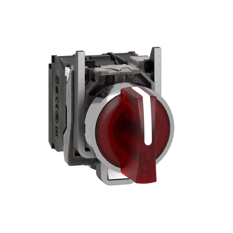 Schneider Electric Illuminated selector switch, Harmony XB4, metal, red handle, 22mm, universal LED, 3 positions, 1NO + 1NC, 230...240V AC, manufacturer catalog image