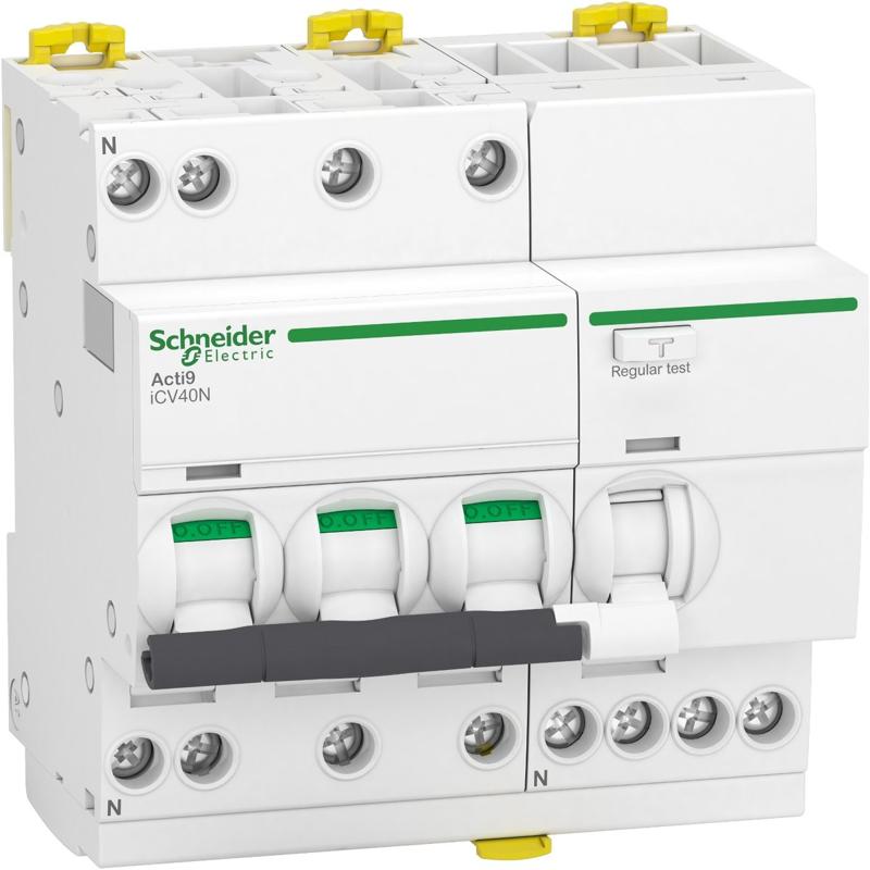 Schneider Electric Residual current breaker with overcurrent protection (RCBO), Acti9 iCV40N, 3P+N, 16A, C curve, 6000A, AC type, 30mA, manufacturer catalog image
