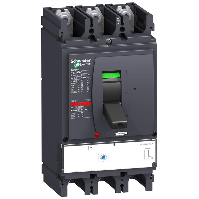 Schneider Electric circuit breaker Compact NSX630F, 36 kA at 415 VAC, Micrologic 1.3 M trip unit 500 A, 3 poles 3d, manufacturer catalog image