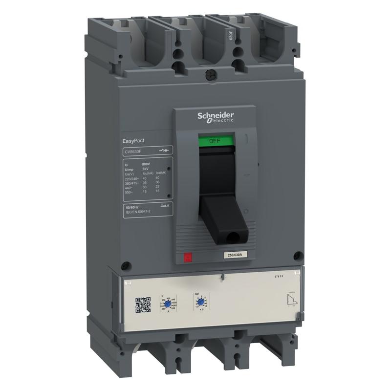 Schneider Electric circuit breaker EasyPact CVS630F, 36 kA at 415 VAC, 630 A rating ETS 2.3 electronic trip unit, 3P 3d, manufacturer catalog image