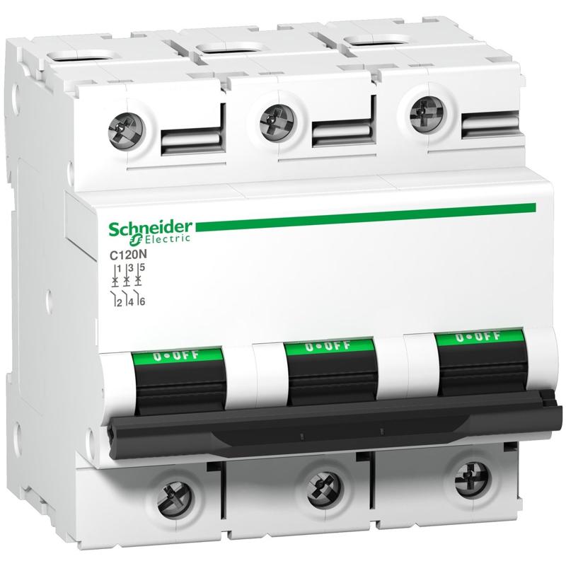 Schneider Electric Miniature circuit-breaker, Acti9 C120N, 3P, 100 A, C curve, 10000 A (IEC 60898-1), 10 kA (IEC 60947-2), manufacturer catalog image