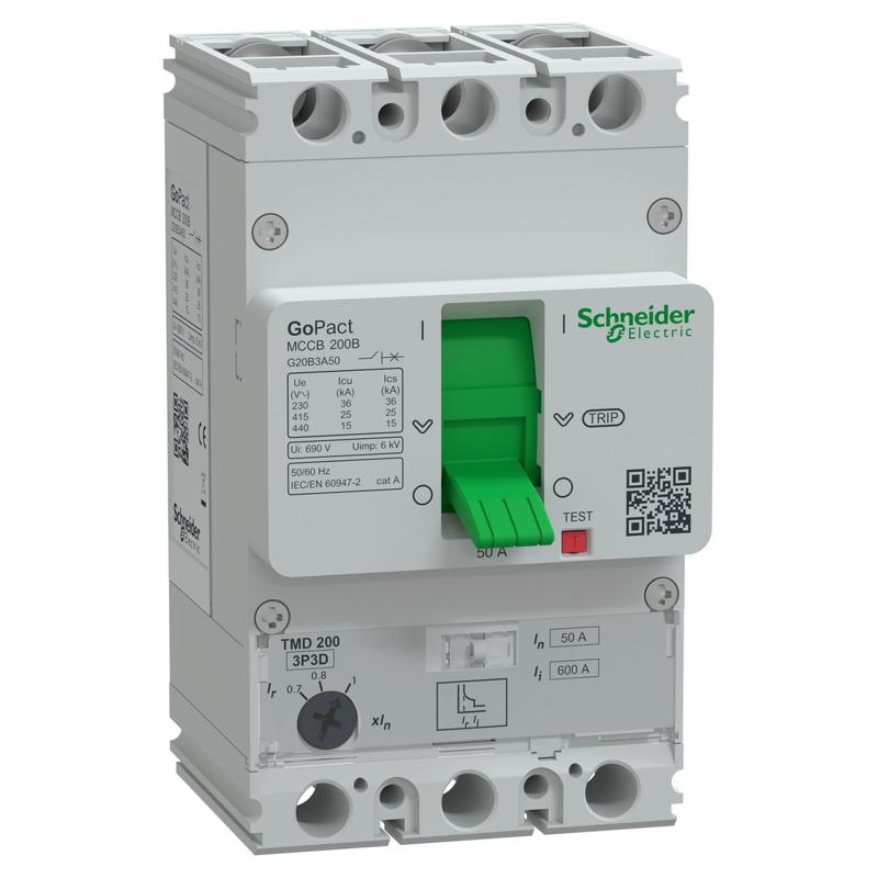 Schneider Electric Circuit breaker, GoPact MCCB 200, 3 poles, 25kA at 415VAC, 50A, TMD trip unit, adjustable thermal protection, up to 50°C, manufacturer catalog image