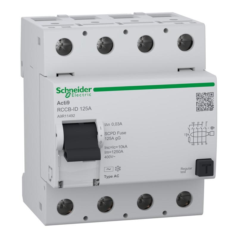 Schneider Electric Residual current circuit breaker (RCCB), Acti9 RCCB-ID, 4P, 125A, AC type, 30mA, manufacturer catalog image