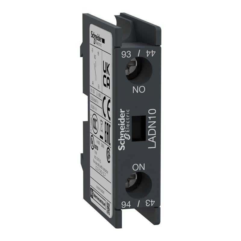 Schneider Electric Auxiliary contact block, TeSys D, 1NO, front mounting, screw clamp terminals, manufacturer catalog image