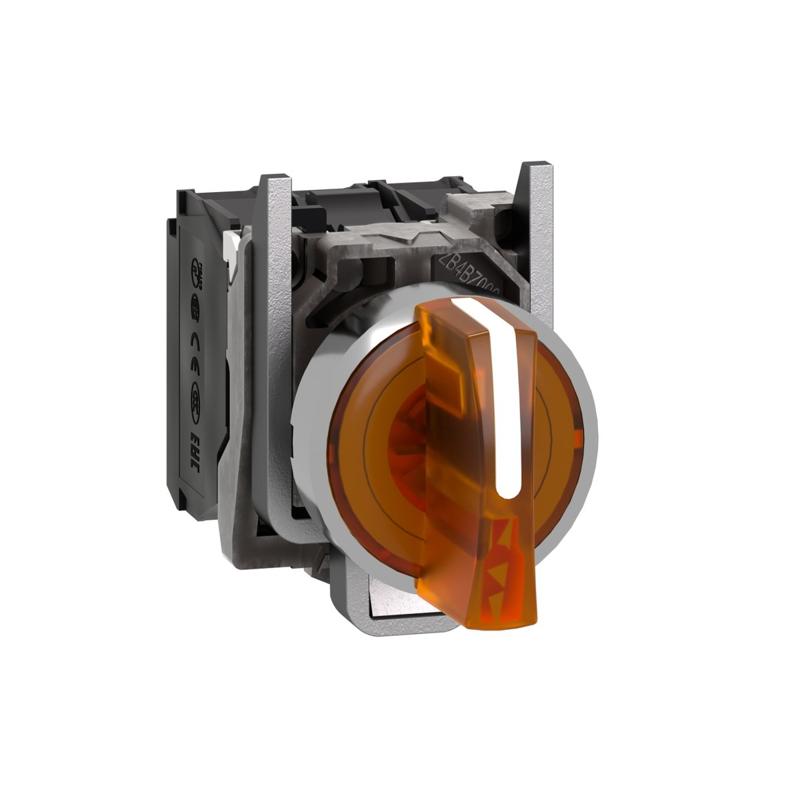 Schneider Electric Illuminated selector switch, Harmony XB4, metal, orange handle, 22mm, universal LED, 3 positions, 1NO + 1NC, 230...240V AC, manufacturer catalog image