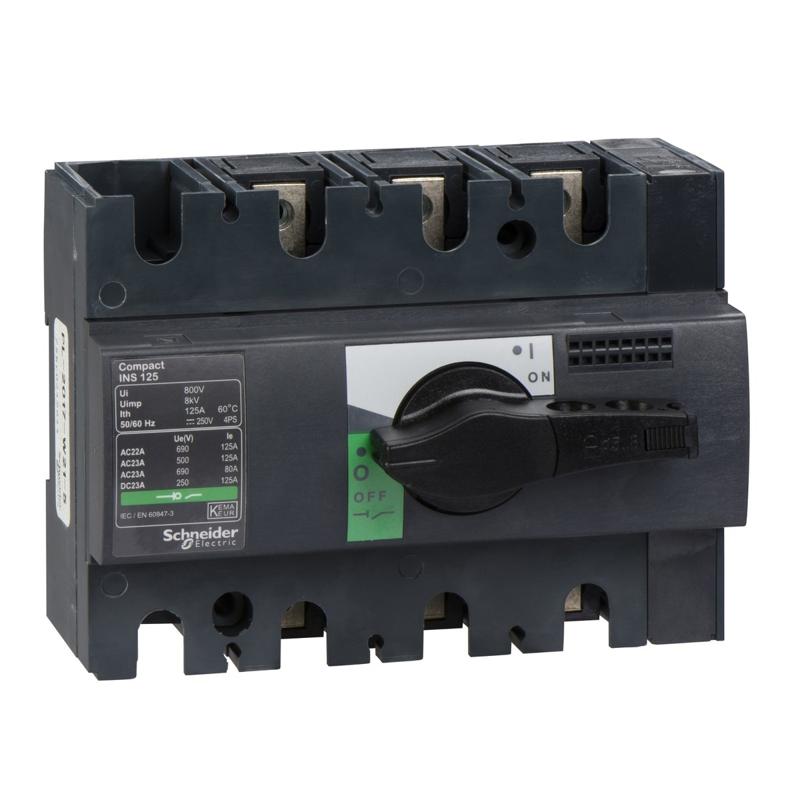 Schneider Electric switch disconnector, Compact INS125 , 125 A, standard version with black rotary handle, 3 poles, manufacturer catalog image