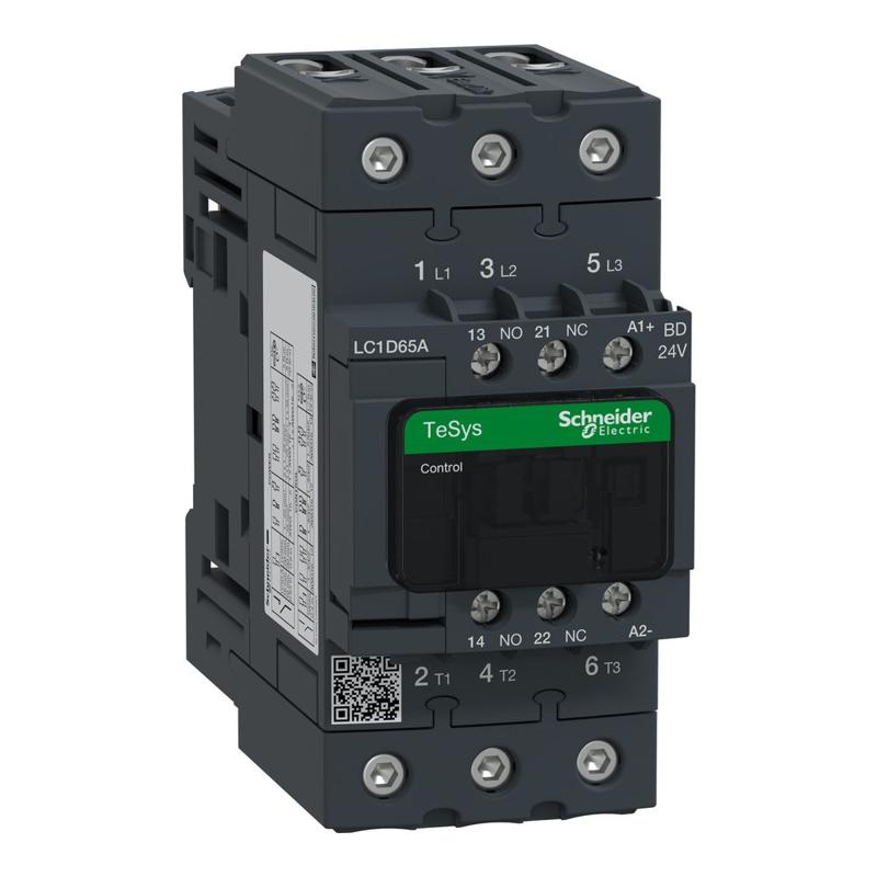 Schneider Electric TeSys D contactor - 3P(3 NO) - AC-3 - <= 440 V 65 A - 24 V DC standard coil, manufacturer catalog image