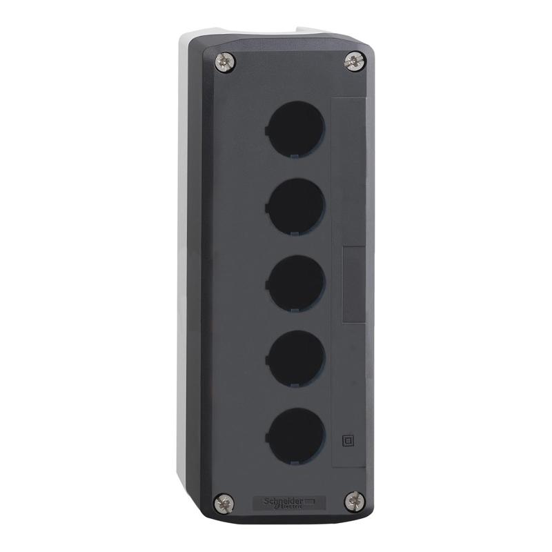 Schneider Electric Empty enclosure, plastic, dark grey lid, for push button Ø22, 5 cut-outs, manufacturer catalog image