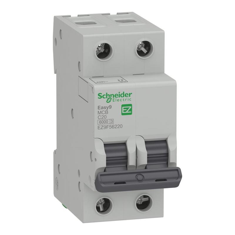 Schneider Electric Miniature circuit breaker (MCB), Easy9, 2P, 20A, C curve, 6000A (IEC/EN 60898-1), manufacturer catalog image