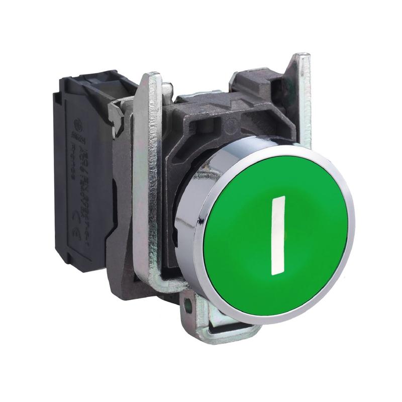 Schneider Electric Push button, metal, Harmony XB4, flush, green, 22mm, spring return, marked I, 1NO, manufacturer catalog image
