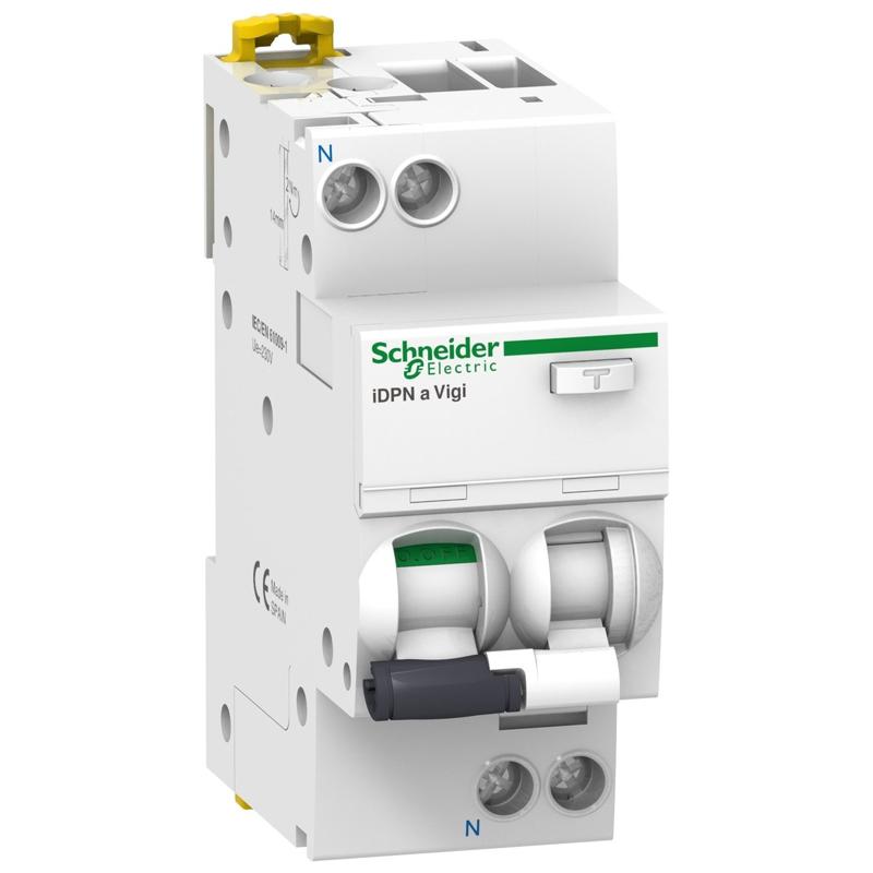 Schneider Electric Residual current breaker with overcurrent protection (RCBO), Acti9 iDPNa Vigi, 1P+N, 16A, C curve, 4500A, AC type, 30mA, manufacturer catalog image