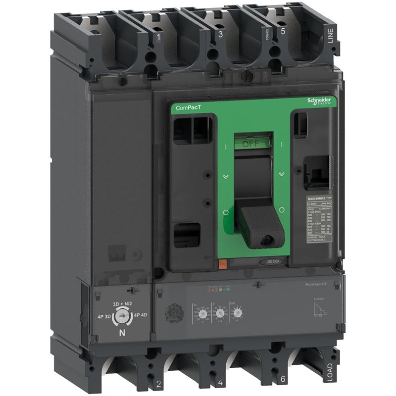Schneider Electric Circuit breaker, ComPacT NSX630N, 50kA/415VAC, 4 poles, MicroLogic 2.3 trip unit 630A, manufacturer catalog image