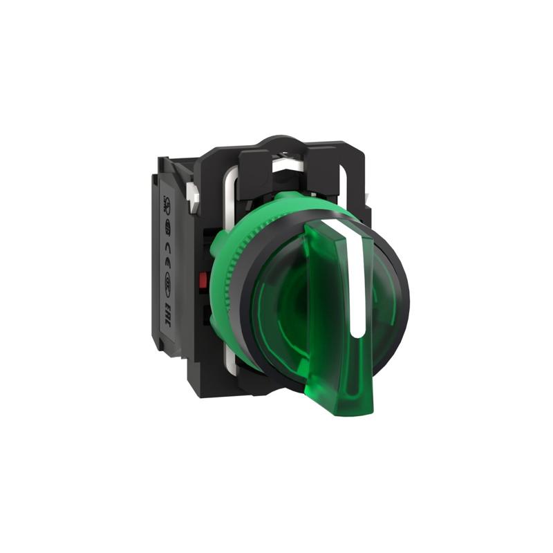 Schneider Electric illuminated selector switch, Harmony XB5, grey plastic, green handle, 22mm, 3 positions, universal LED, 1NO + 1NC, 24V AC/DC, manufacturer catalog image