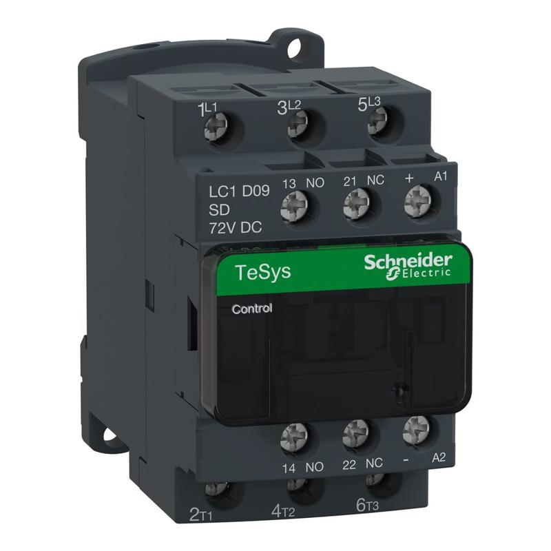 Schneider Electric Contactor, TeSys Deca, 3P(3NO), AC-3/3e, <=440V, 9A, 72V DC coil, screw clamp terminals, manufacturer catalog image