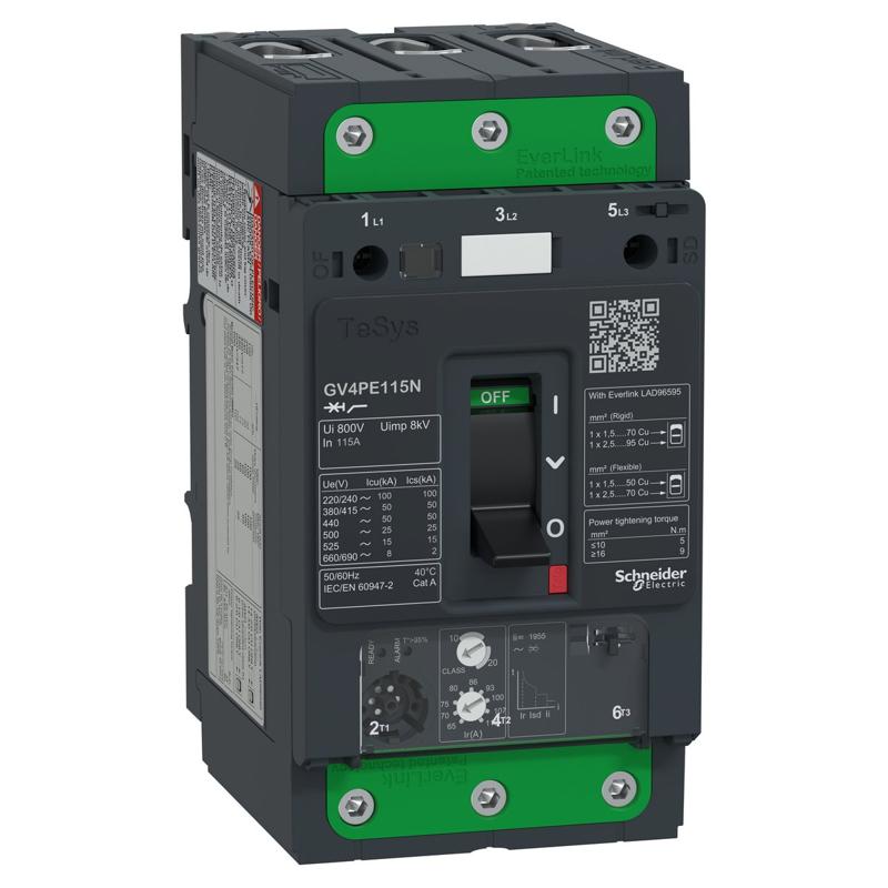 Schneider Electric Motor circuit breaker, TeSys GV4, 3P, 115A, Icu 50kA, thermal magnetic, Everlink terminals, manufacturer catalog image