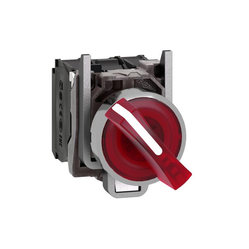 Schneider Electric Illuminated selector switch, metal, red, Ø22, 2 positions, stay put, 24 V AC/DC, 1 NO + 1 NC, manufacturer catalog image