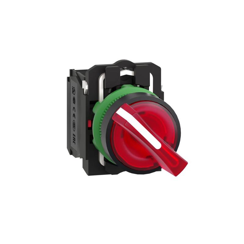 Schneider Electric Illuminated selector switch, plastic, red, Ø22, 2 positions, stay put, 24 V AC/DC, 1 NO + 1 NC, manufacturer catalog image