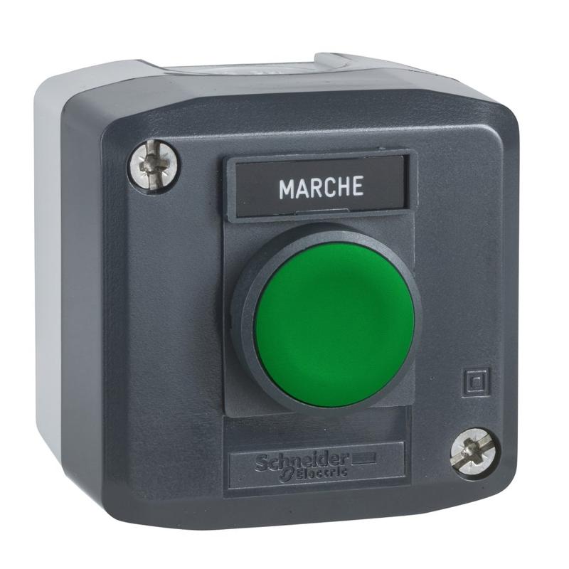 Schneider Electric dark grey station - 1 green flush pushbutton Ø22 spring return 1NO "Marche", manufacturer catalog image