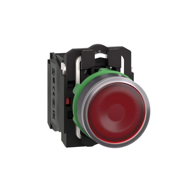 Schneider Electric Illuminated push button, plastic, flush, red, Ø22, spring return, 24 V AC/DC, 1 NO + 1 NC, manufacturer catalog image