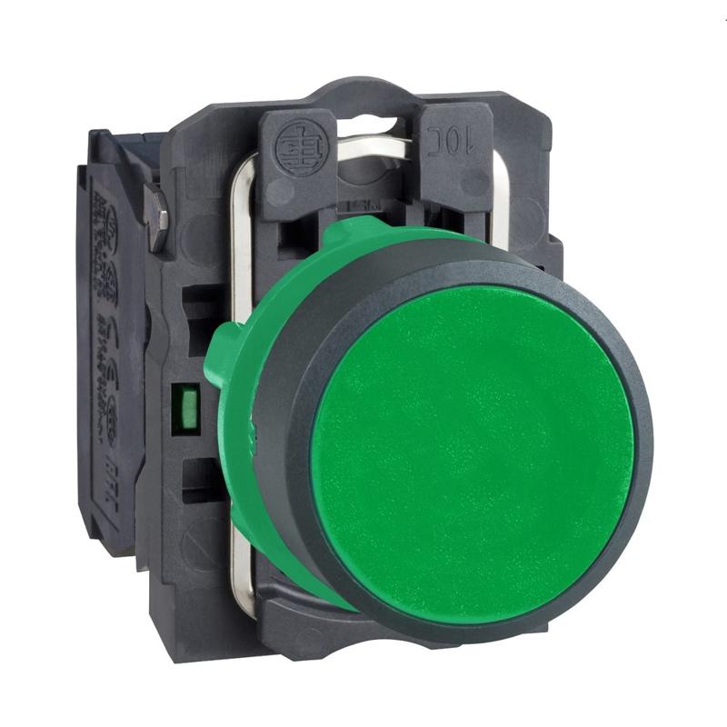 Schneider Electric Push button, plastic, flush, green, Ø22, spring return, unmarked, 1 NO, manufacturer catalog image