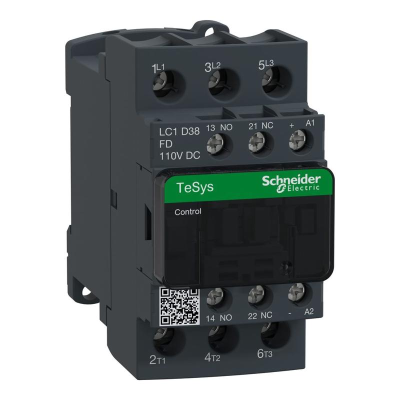 Schneider Electric Contactor, TeSys Deca, 3P(3NO), AC-3/AC-3e, <=440V, 38A, 110V DC coil, screw clamp terminals, manufacturer catalog image