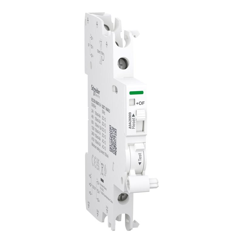Schneider Electric Auxiliary contact, Acti9 A9A, iOF/SD+OF, 2 C/O, 100mA to 6A, 24VAC to 415VAC, 24VDC to 130VDC, top and bottom connection, manufacturer catalog image