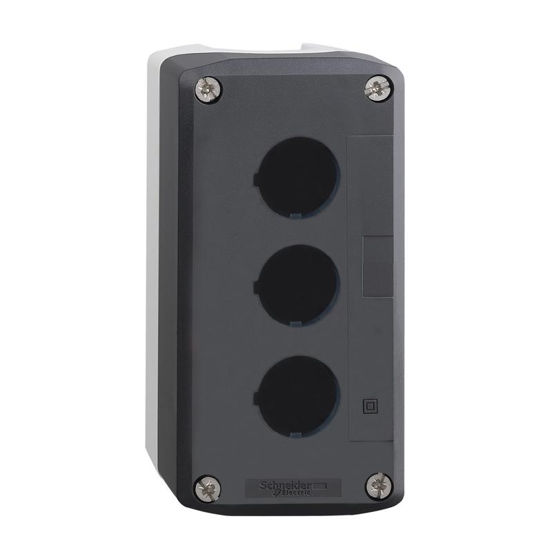 Schneider Electric dark grey empty enclosure lid with light grey base - 3 cut-outs, manufacturer catalog image