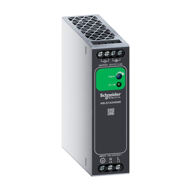 Schneider Electric single phase power supply, 100 to 240V AC input, 24V DC output, 120W, Din-rail, IP20, manufacturer catalog image