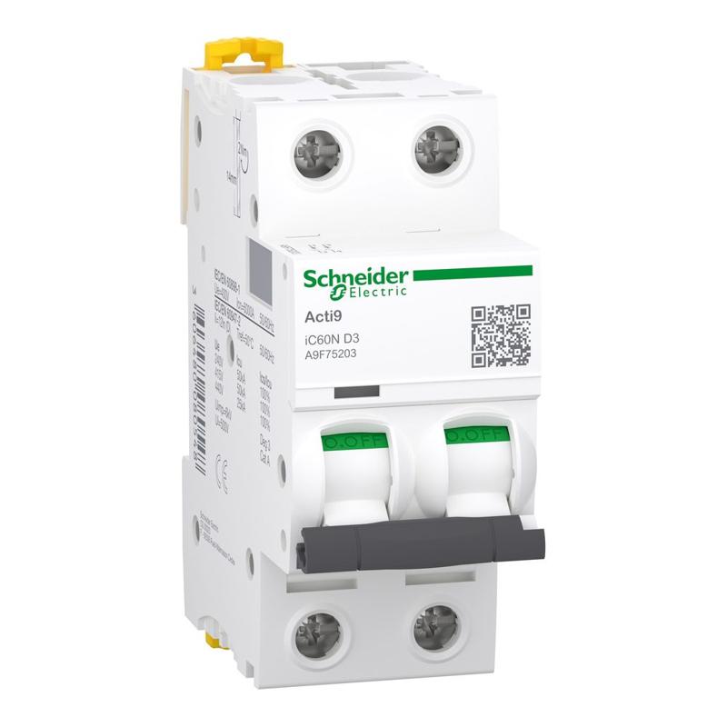Schneider Electric Miniature circuit breaker (MCB), Acti9 iC60N, 2P, 3A, D curve, 6000A (IEC/EN 60898-1), 50kA (IEC/EN 60947-2), manufacturer catalog image