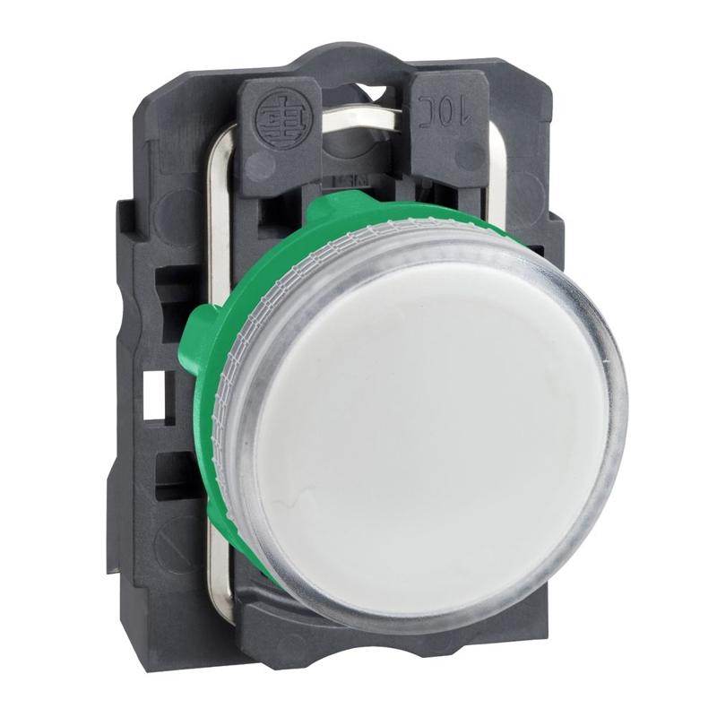 Schneider Electric white complete pilot light Ø22 plain lens for BA9s bulb 250V, manufacturer catalog image