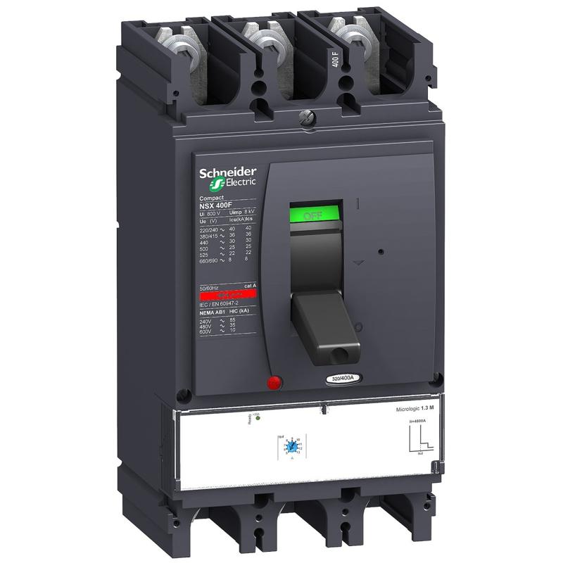 Schneider Electric circuit breaker Compact NSX400N, 50 kA at 415 VAC, Micrologic 1.3 M trip unit 320 A, 3 poles 3d, manufacturer catalog image