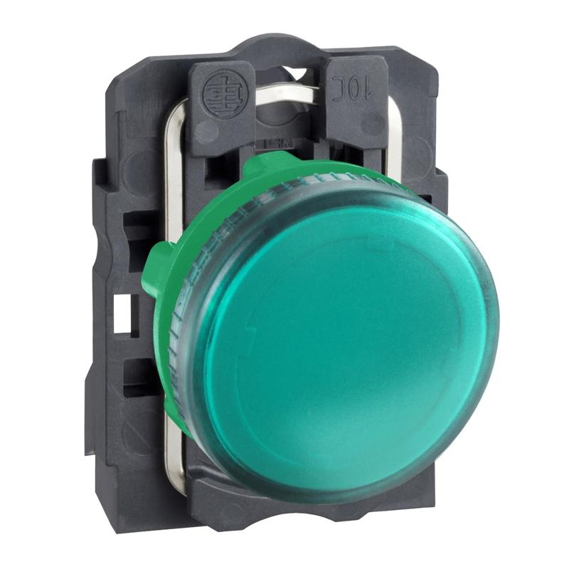 Schneider Electric green complete pilot light Ø22 plain lens for BA9s bulb 250V, manufacturer catalog image