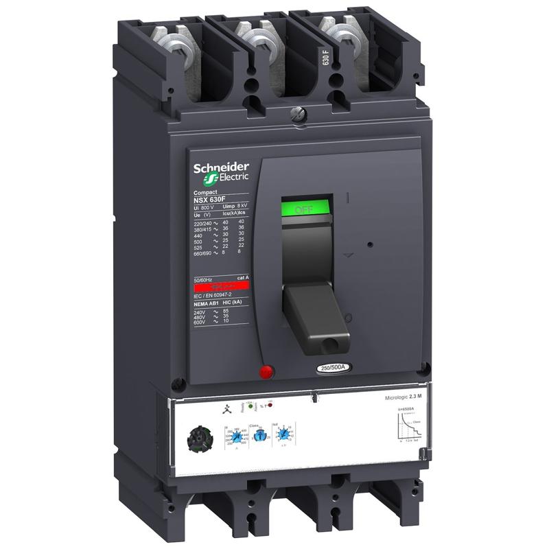 Schneider Electric circuit breaker Compact NSX630H, 70 kA at 415 VAC, Micrologic 2.3 M trip unit 500 A, 3 poles 3d, manufacturer catalog image