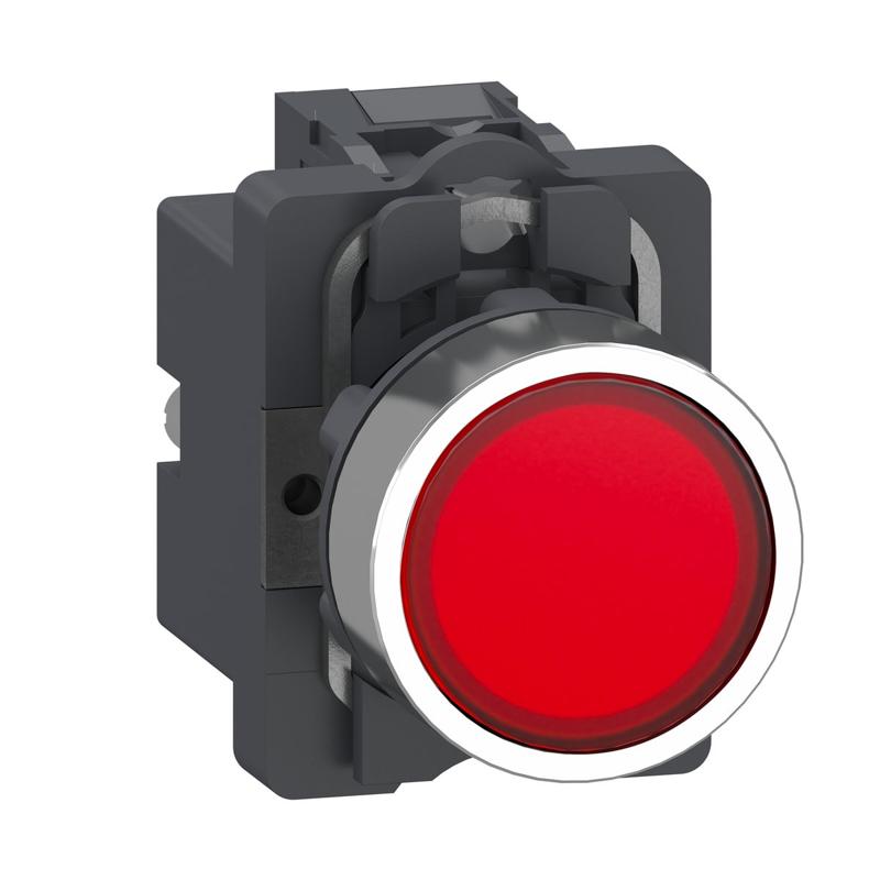 Schneider Electric Complete illuminated push button, Easy Harmony XA2, plastic head, 22mm, red, 1NO, AC 220V, spring return, manufacturer catalog image