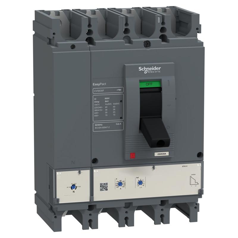 Schneider Electric circuit breaker EasyPact CVS630F, 36 kA at 415 VAC, 630 A rating ETS 2.3 electronic trip unit, 4P 4d, manufacturer catalog image