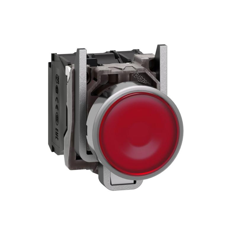 Schneider Electric Harmony XB4, Illuminated push button, metal, flush, red, Ø22, spring return, 1 NO + 1 NC 24 V AC/DC, manufacturer catalog image
