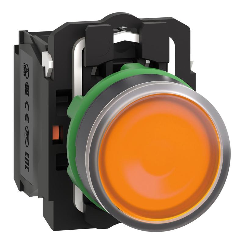Schneider Electric Illuminated push button, Harmony XB5, plastic, orange flush, 22mm, universal LED, plain lens, 1NO + 1NC, 230...240V AC, manufacturer catalog image