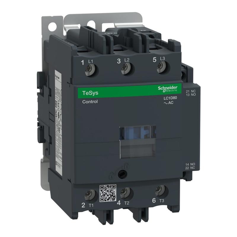 Schneider Electric TeSys D contactor - 3P(3 NO) - AC-3 - <= 440 V 80 A - 48 V AC 50/60 Hz coil, manufacturer catalog image