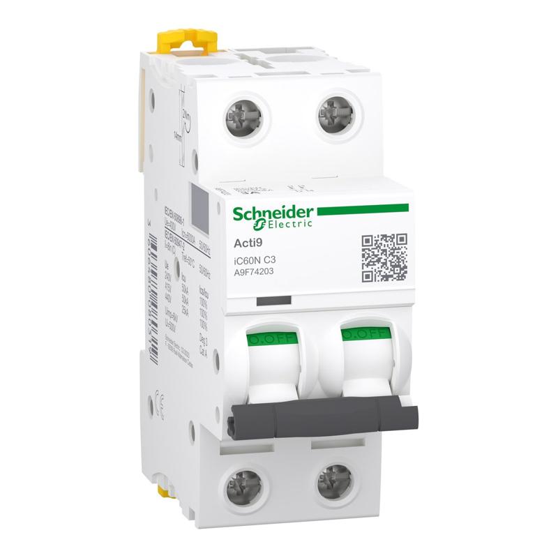 Schneider Electric Miniature circuit-breaker, Acti9 iC60N, 2P, 3 A, C curve, 6000 A (IEC 60898-1), 50 kA (IEC 60947-2), manufacturer catalog image