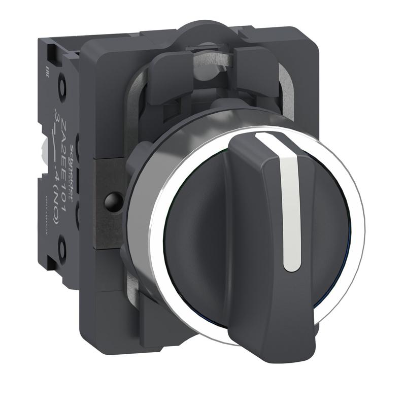 Schneider Electric Complete selector switch, Easy Harmony XA2, plastic short handle, 22mm, 3-position, 2NO, spring return, black, manufacturer catalog image