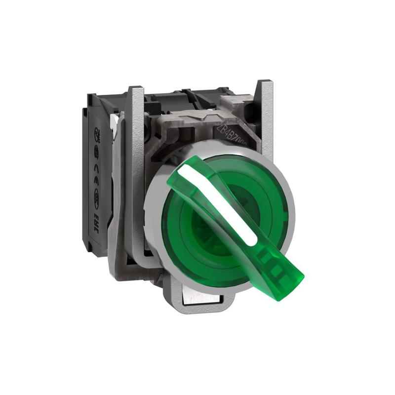 Schneider Electric Illuminated selector switch, metal, green, Ø22, 2 positions, stay put, 24 V AC/DC, 1 NO + 1 NC, manufacturer catalog image
