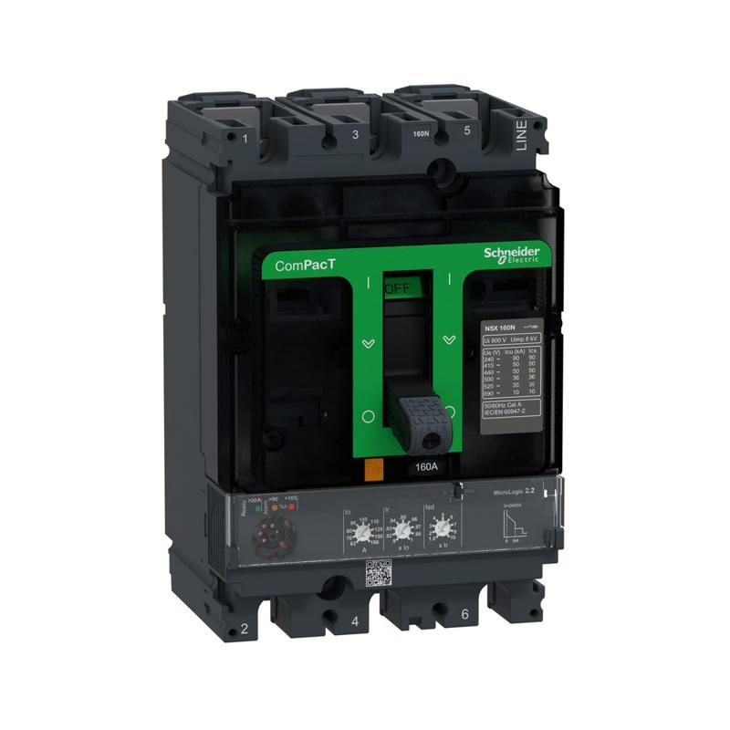 Schneider Electric Circuit breaker ComPacT NSX160N, 50kA at 415VAC, MicroLogic 2.2 trip unit 160A, 3 poles 3d, manufacturer catalog image