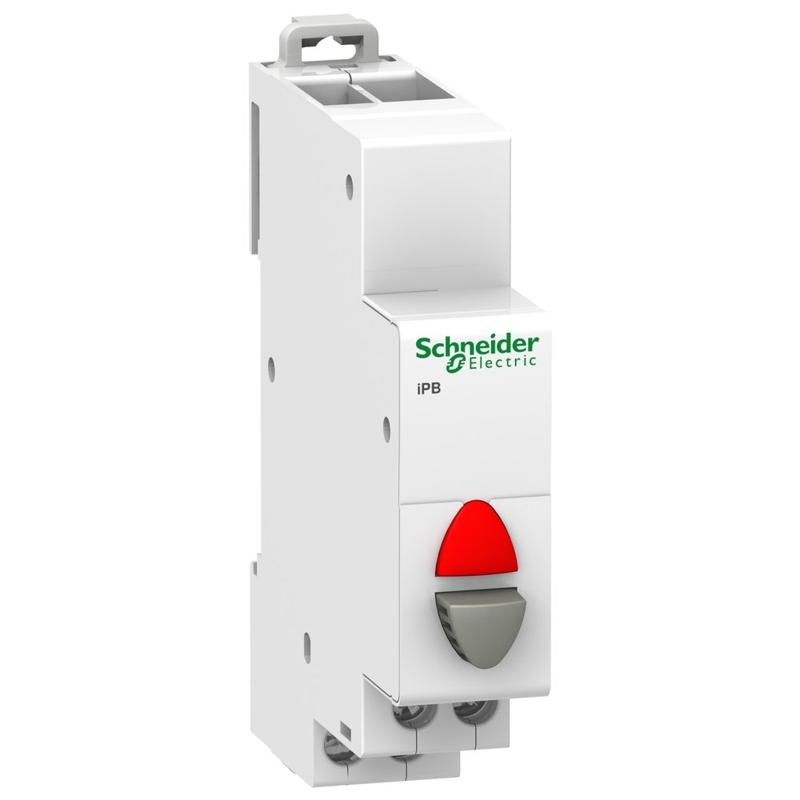 Schneider Electric Acti9 iPB 1NC single push button grey - indicator light red 12-48Vac/dc, manufacturer catalog image
