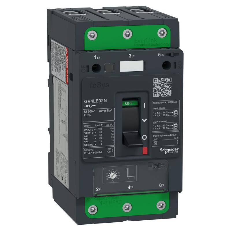 Schneider Electric Motor circuit breaker, TeSys GV4, 3P, 2 A, Icu 50 kA, magnetic, EverLink terminals, manufacturer catalog image